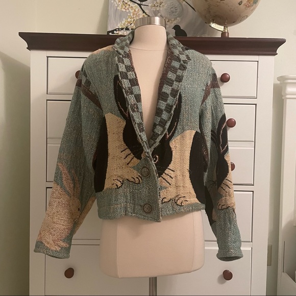 Vintage Jackets & Blazers - 90's Vintage Painted Pony Needlepoint/Tapestry Blanket Coat, Bunnies, Size S